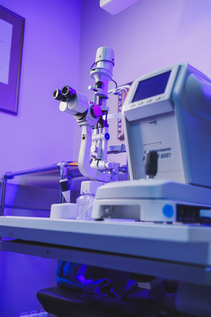 A modern microscope for vision testing in a light room. Microscope for vision correction.