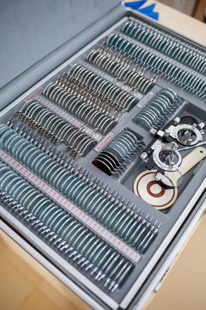 A set of lenses for checking vision and selecting glasses with different diopters. Selection of...