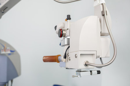 Microscopic apparatus for testing eyesight. Ophthalmology and treatment of eye diseases. Eye clinic, optometrist conceptの写真素材