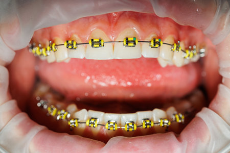 Extender for teeth. Teeth of a woman with braces at a dentist appointment. Orthodontic treatment of tooth distortion. Close-up, selective focus. Braces on teethの写真素材