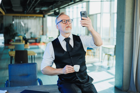 Cute gray-haired man sitting and talking on the phone in a relaxed office workplace. The manager in the office works onlineの写真素材