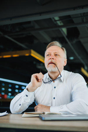 Adult gray haired man businessman lawyer clothes classic formal shirt work in office hold documents document accounting folder. A gray-haired man works in the office with a laptopの写真素材