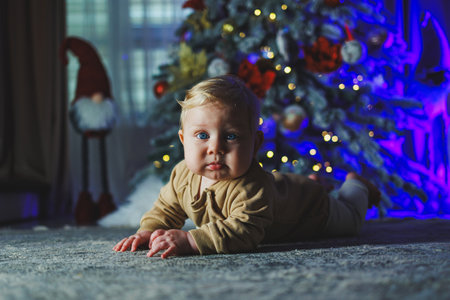A blue-eyed baby lies on the floor against the background of a Christmas tree. A child at home in a Christmas atmosphere. Baby's first new yearの写真素材
