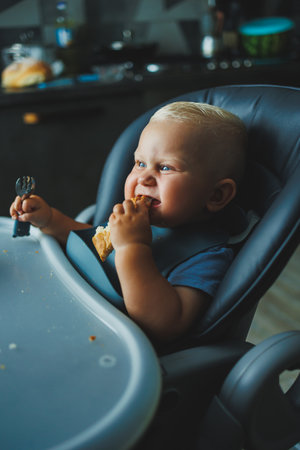 A 1-year-old boy sits in a high chair and eats bread. The baby eats bread. Self-feeding of the...
