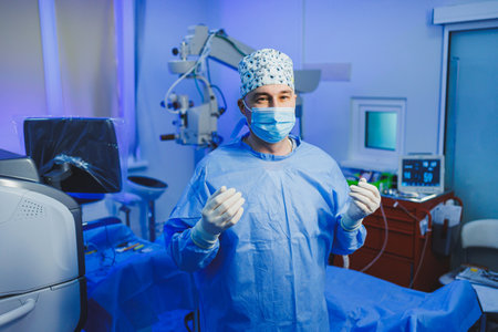 A doctor in a surgical suit is standing in the operating room. A doctor in gloves and a gown prepares for eye surgery using a modern microscopeの写真素材