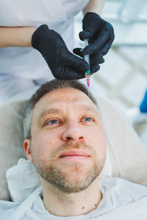 A beautician makes a mask on a man's face in a spa salon. Side view of male face during procedure. Pimples and acne on the skin. Injection for a man's faceの写真素材