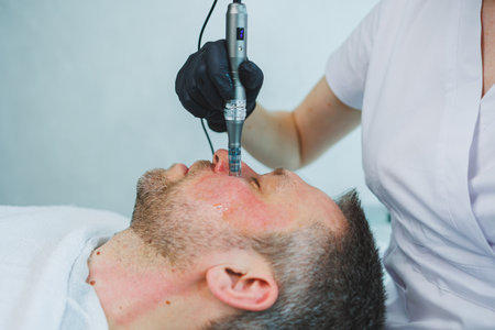 Male cosmetology. A man lies at a cosmetologist for a facial treatment.の写真素材