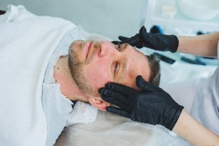 A cosmetologist cleans the skin of a man's face. A man does facial procedures in a cosmetic clinic. Male cosmetology.の写真素材