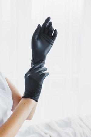 Female hands close-up in latex black gloves. A woman puts on medical gloves.の写真素材