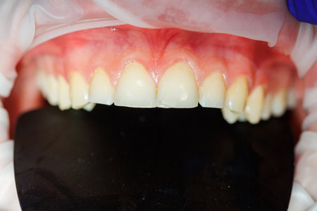 Close-up of teeth, dental checkup in the dental office. The dentist examines the patient's teeth with dental instruments. Dentistry. selective focusの写真素材