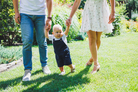 Little boy learning to walk holding hands with mom and dad. Child taking first steps.の写真素材