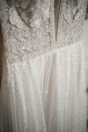 Details of a white luxurious wedding dress. Wedding dress.の写真素材