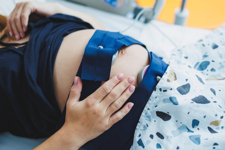 A young woman has almost given birth to a baby. A woman in labor. A delivery room in a maternity hospital.の写真素材