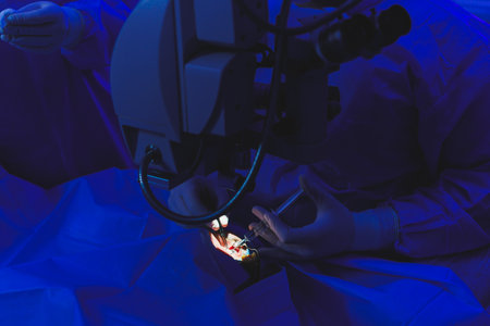 A patient under a surgical microscope. Eye surgery. Patient and surgeon in the operating room during ophthalmic surgery. Vision correction.の写真素材