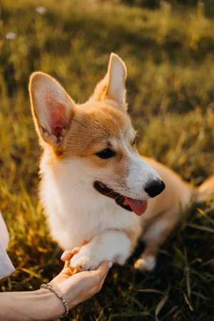 Cute woman in a dress and hat playing with her dog in the field at sunset. Corgi dog on a background of green grass. Girl gently strokes her corgi dog. Dog walking, friendship. Summer pictureの写真素材