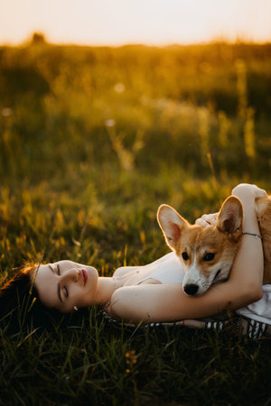 A peaceful scene of a woman cuddling her corgi in a sunlit meadow, showcasing joy and companionship.の写真素材