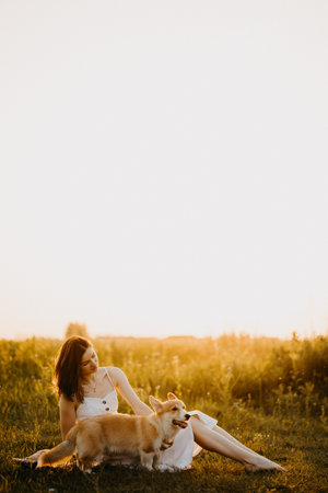 A serene moment showcasing a woman interacting lovingly with her dog during a beautiful sunset in a grassy fieldの写真素材