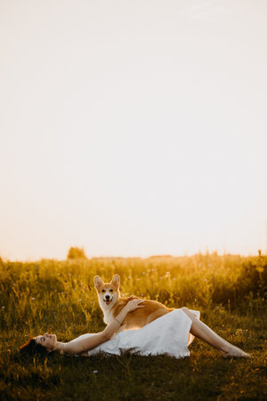 Cute woman in a dress and hat playing with her dog in the field at sunset. Corgi dog on a background of green grass. Girl gently strokes her corgi dog. Dog walking, friendship. Summer pictureの写真素材
