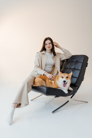 A stylish young woman confidently poses with her adorable corgi in a sleek, modern and comfortable chairの写真素材