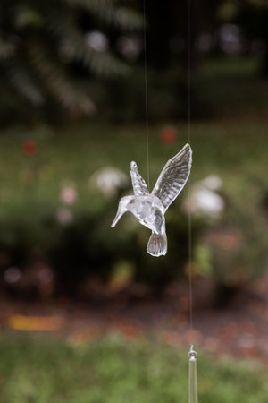A beautifully crafted clear glass hummingbird is elegantly hanging from a delicate string, creating a serene ambiance in its surroundingsの写真素材