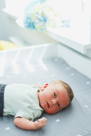 A newborn peacefully rests on a soft blanket, surrounded by bright natural light, creating a serene moment of innocence and capturing the joy of early childhoodの写真素材