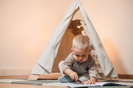 A heartwarming scene of a curious toddler engaged with a colorful storybook in a cozy tent, highlighting the joy of early childhood exploration and learning through playの写真素材