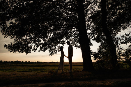 A romantic silhouette of a couple holding hands beneath trees at dusk, evoking emotions in the tranquil countryside and highlighting their connection to natureの写真素材