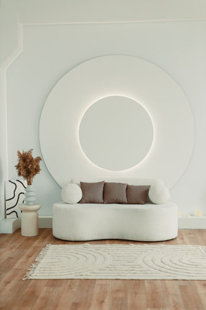 Stylish living room design with modern sofa, coffee tables, decorations and elegant accessories in home decor.の写真素材