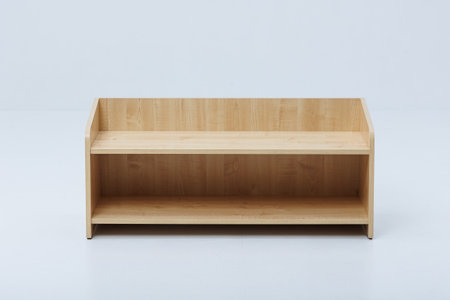 A stylish, minimalist wooden bench that features a spacious open storage area, perfect for any modern living spaceの写真素材