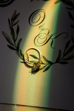 A stunning and exquisite gold ring casting a mesmerizing rainbow reflection over a beautifully decorative monogramの写真素材