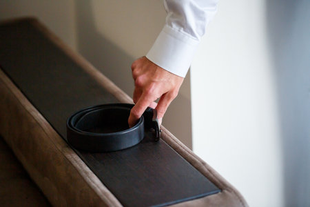 A closeup shot focusing on a hand gracefully placing a stylish belt on a couch, embodying elegance and sophisticationの写真素材