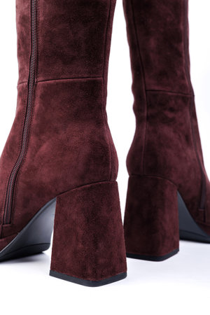 Stylish women's suede ankle boots with red heels with square toes on a white background. Winter leather women's shoes with elegant heels and buckles.の写真素材