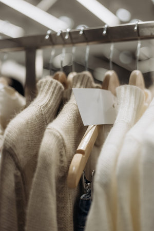 This closeup shot highlights the elegant assortment of hanging sweaters in a boutique, showcasing...