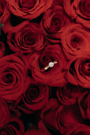 An exquisite engagement ring with vibrant red roses symbolizes passionate love, making it a heartfelt choice for proposals and a celebration of couples commitmentの写真素材