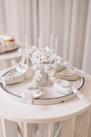 A beautifully designed dessert table with an assortment of white candies and elegant ribbons, perfect for weddings, birthdays, or any celebration needing a sweet touchの写真素材