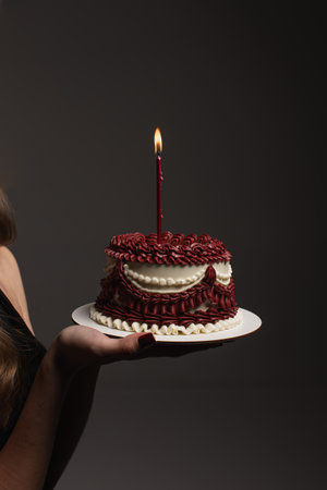 A beautifully decorated red velvet birthday cake, topped with rich cream and a glowing candle, perfect for celebrating special occasions and creating joyful memoriesの写真素材