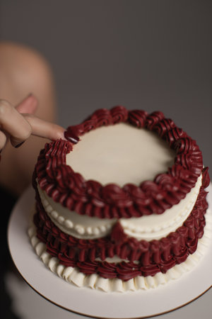 A stunning cake featuring rich red frosting and creamy layers, ideal for birthday parties and special occasions. A tempting dessert masterpiece for any celebration.の写真素材