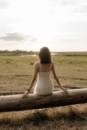 A beautifully dressed woman in a stunning white gown sits gracefully on a log in a tranquil field, enveloped by nature and warm dusk light, evoking reflection and relaxationの写真素材