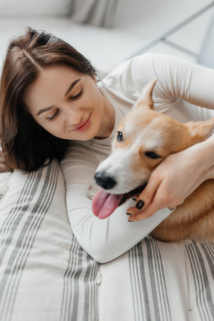 In a warm and inviting indoor setting, a young woman is joyfully sharing a blissful moment with her playful and loving Corgi, emphasizing their delightful and affectionate bondの写真素材
