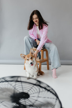In a minimalistic setting, a young woman sits on a stool, petting her cheerful corgi, showcasing the joyful bond and warmth of companionship between pets and their ownersの写真素材