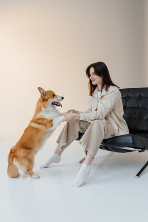 In a beautifully stylish and cozy studio, a happy woman is joyfully sharing a delightful moment with her adorable Corgi, highlighting their loving bond as pet and ownerの写真素材