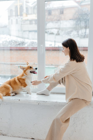 In a serene indoor scene, a woman is joyfully playing with her energetic corgi by a sunlit window, beautifully highlighting their warm and loving companionship filled with joyの写真素材