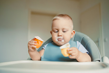 Smiling boy sitting in a high chair, eating yogurt in the kitchen. Healthy food for children. Little...