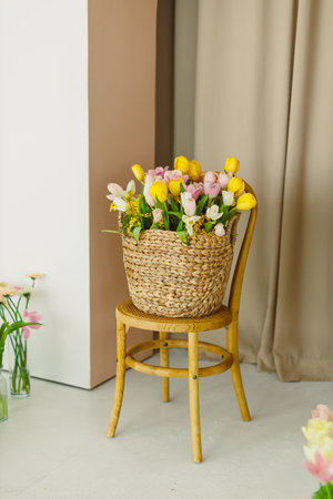 A delightful and charming display of vibrant yellow and soft pink tulips beautifully arranged in a rustic wicker basket placed on a wooden chair, ensure to elevate any decorの写真素材