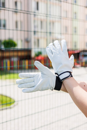 Durable gloves for dirty work. Garden gloves. Rubberized construction gloves.の写真素材
