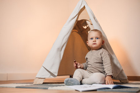 A lively toddler plays in a cozy tent on a soft rug, absorbed in a colorful book, embodying the joy and adventure of childhood and exploring new realms of imaginationの写真素材