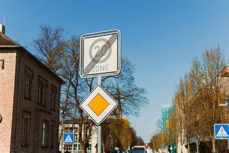 European sign of main roads. Traffic sign in the city.の写真素材