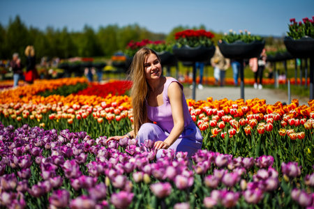 A young woman poses gracefully among the vibrant, colorful tulips in a beautifully sunlit garden, perfectly capturing the true essence of springtime beauty and floral splendorの写真素材