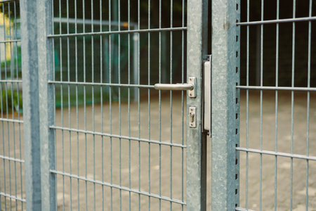 This image shows a closeup of a sturdy metal gate with a secure locking mechanism that improves safety and access control for residential and commercial propertiesの写真素材