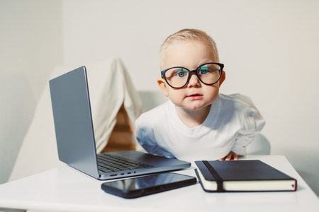 Stylish 2 year old boy child in office. Serious little children business man. Young toddler...